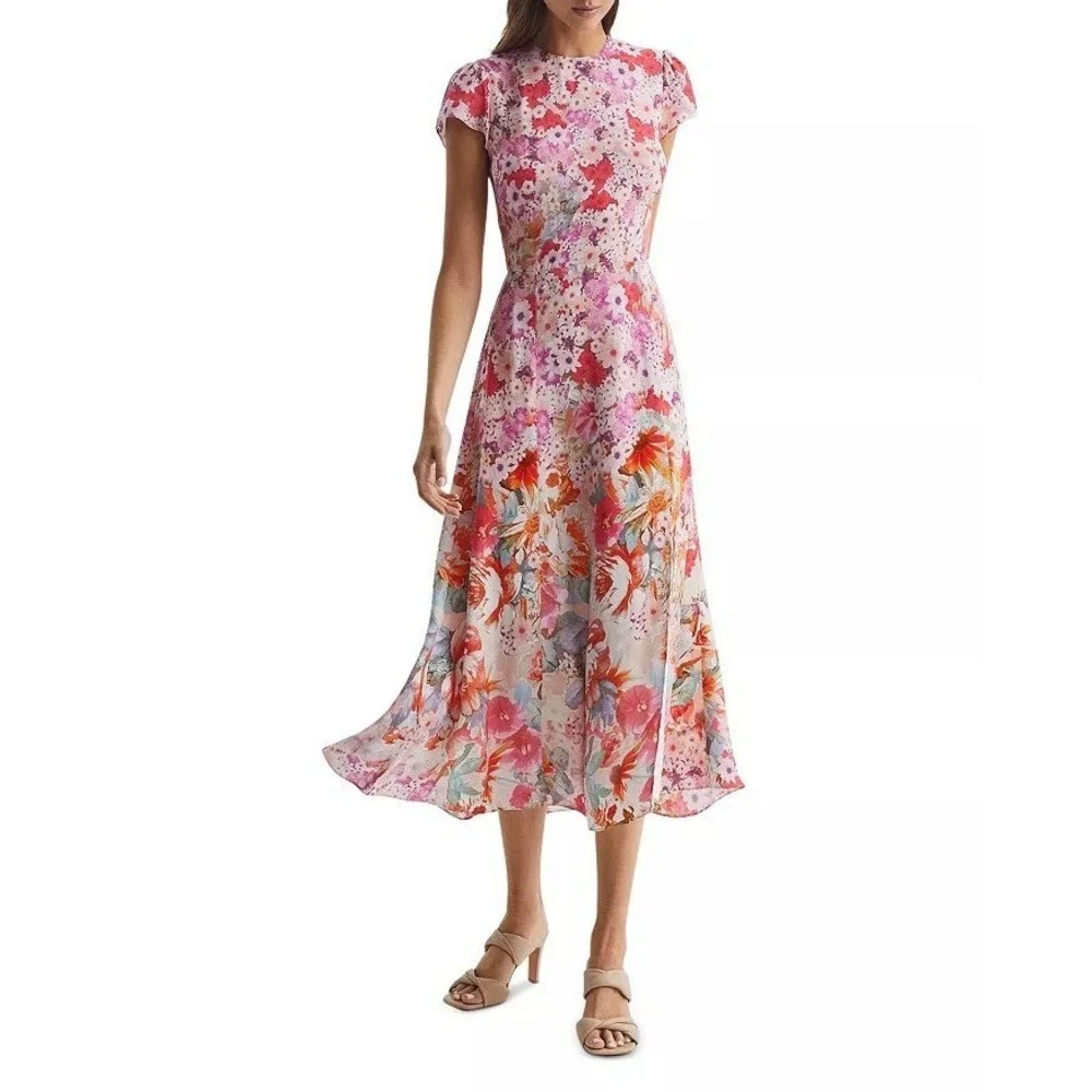 Reiss NWT Floral Ombre Midi Dress US 8 Pink Multicolor Slit Wedding Guest $290 - Picture 5 of 14